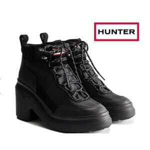 Hunter Women's Explorer Ankle Lace-Up Heel Boots Black Waterproof Size 9 NIB
